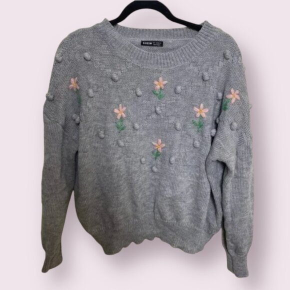 ⭐️ Embroidered Floral Flower Hipster Hippie Art Chic Glam Pullover Sweater Top - Picture 1 of 5